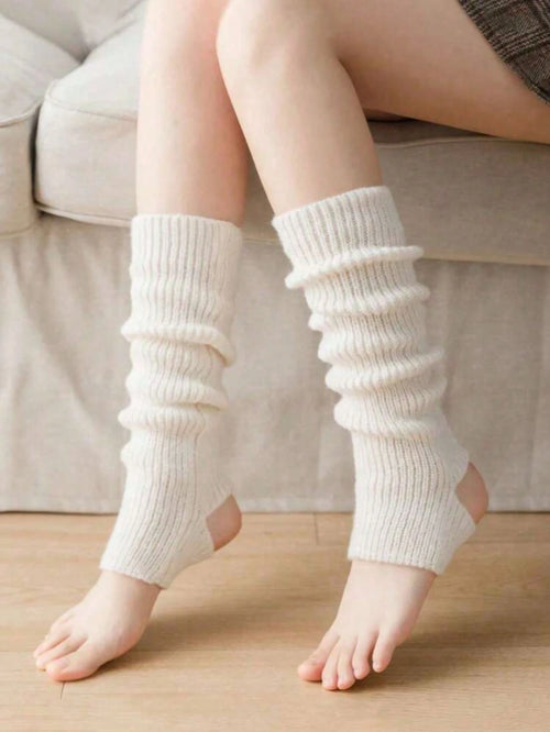 1 Pair Women's Classic Comfortable Thickened Solid Color White Knee-High Leg Warmers, Warm Leg Warmers, Fall/ Winter