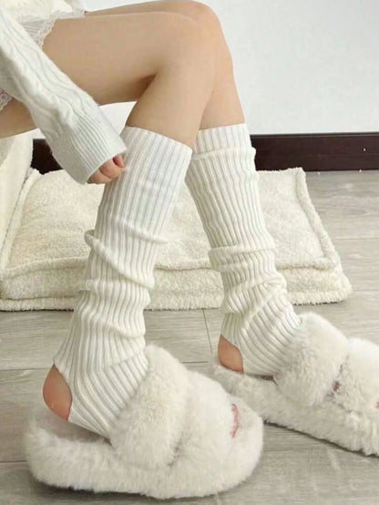 1 Pair Women's Classic Comfortable Thickened Solid Color White Knee-High Leg Warmers, Warm Leg Warmers, Fall/ Winter