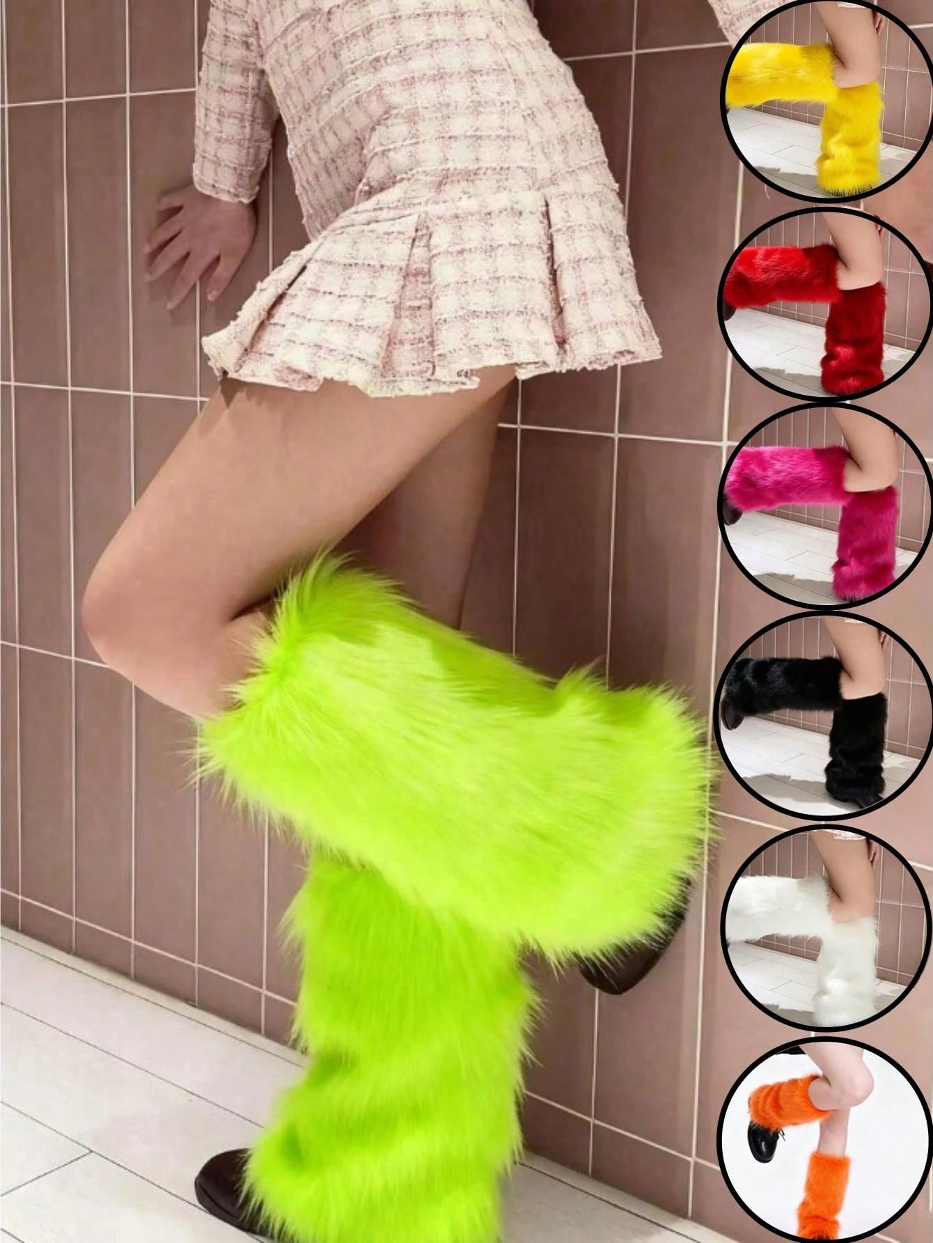 1 Pair Women's Plush Long Leg Warmers, Protective YK2 Warm Socks, Yellow/Green/Blue/Orange/Black/White/Red/Pink/Purple (9 Colors)