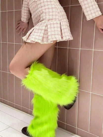 1 Pair Women's Plush Long Leg Warmers, Protective YK2 Warm Socks, Yellow/Green/Blue/Orange/Black/White/Red/Pink/Purple (9 Colors)