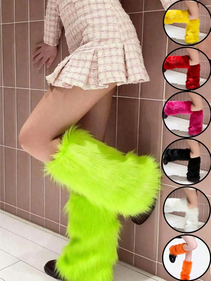 1 Pair Women's Plush Long Leg Warmers, Protective YK2 Warm Socks, Yellow/Green/Blue/Orange/Black/White/Red/Pink/Purple (9 Colors)