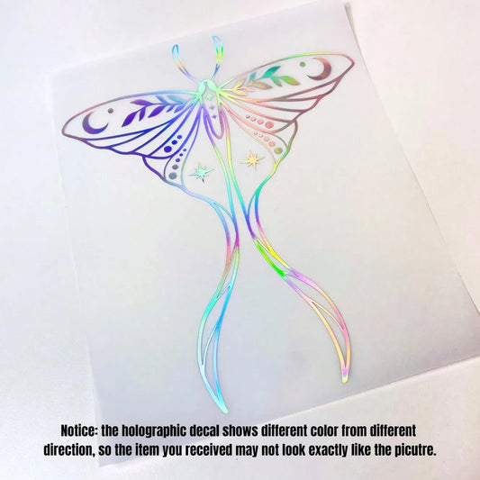 1 Pc Holographic Luna Moth Vinyl Car Sticker, Cute Reflective Actias Luna Decal For Car Truck Laptop Water Bottle, Beautiful American Moth Pattern Sticker With Creative Wings And Long Tails Design