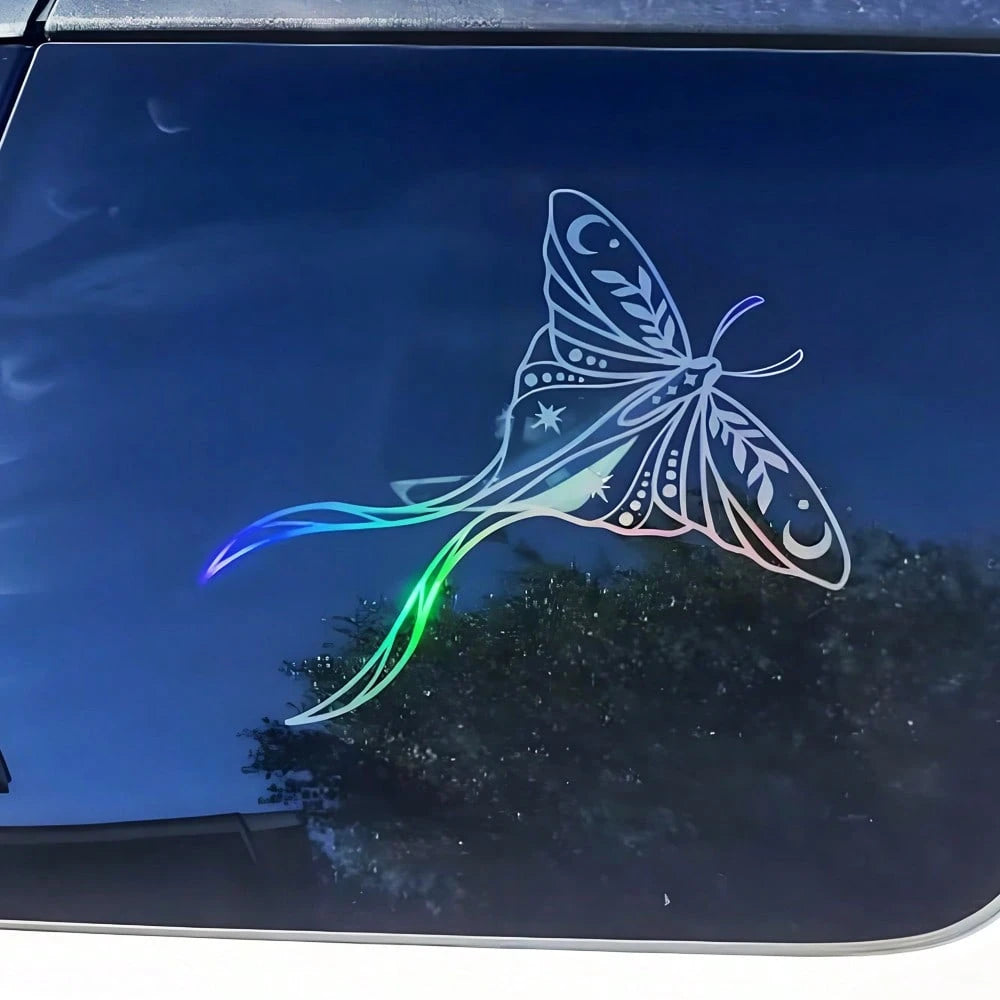 1 Pc Holographic Luna Moth Vinyl Car Sticker, Cute Reflective Actias Luna Decal For Car Truck Laptop Water Bottle, Beautiful American Moth Pattern Sticker With Creative Wings And Long Tails Design