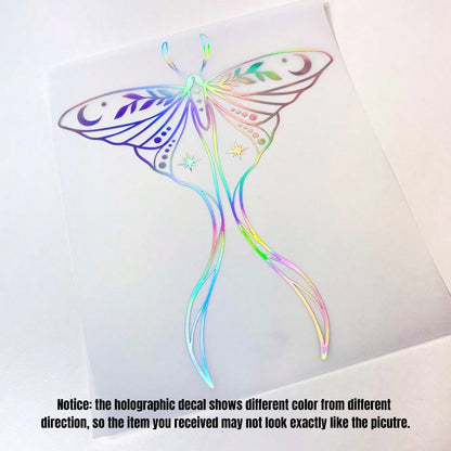 1 Pc Holographic Luna Moth Vinyl Car Sticker, Cute Reflective Actias Luna Decal For Car Truck Laptop Water Bottle, Beautiful American Moth Pattern Sticker With Creative Wings And Long Tails Design