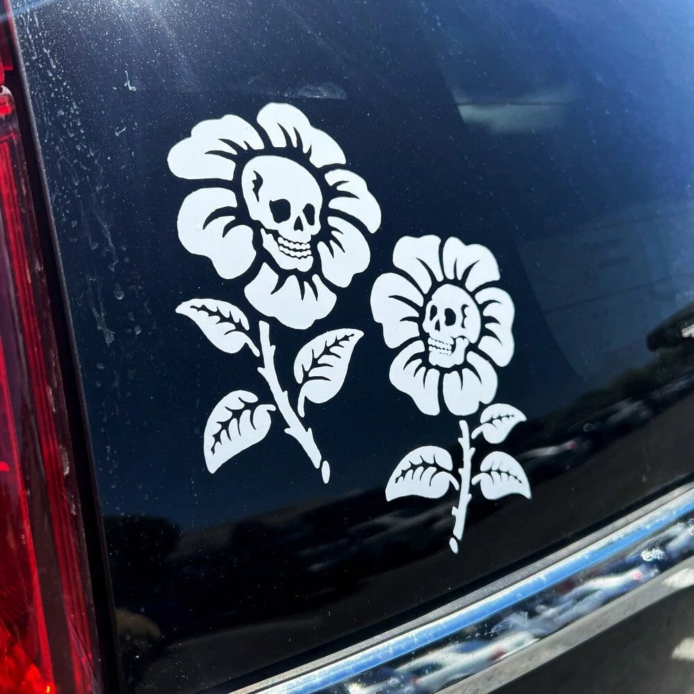 1 Pc Skull Flowers Vinyl Decal, Funny Alternative Floral Skeleton Stickers For Car Truck Window Rear Windshield, Cute Gothic Car Decor Accessories