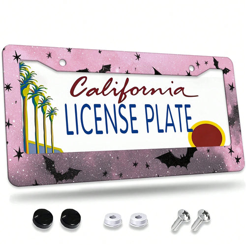 1 Piece, 12*6inch Black And Pink Star Bat, Aluminum License Plate Frame, Wear-Resistant And Waterproof, Universal For American Cars,Mother Gifts,Teacher Gift,Graduation Gifts,Car Decor,Car Acessesorie