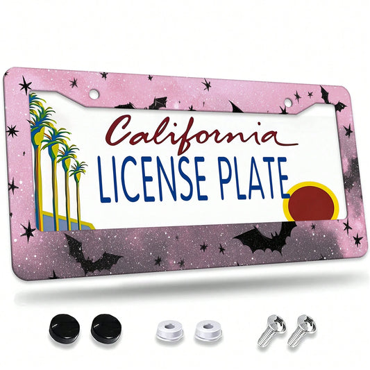 1 Piece, 12*6inch Black And Pink Star Bat, Aluminum License Plate Frame, Wear-Resistant And Waterproof, Universal For American Cars,Mother Gifts,Teacher Gift,Graduation Gifts,Car Decor,Car Acessesorie