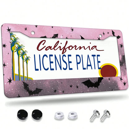 1 Piece, 12*6inch Black And Pink Star Bat, Aluminum License Plate Frame, Wear-Resistant And Waterproof, Universal For American Cars,Mother Gifts,Teacher Gift,Graduation Gifts,Car Decor,Car Acessesorie