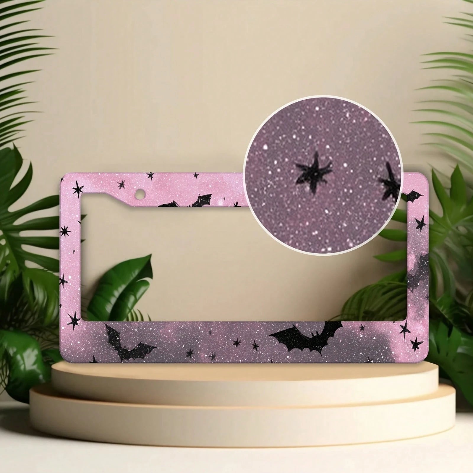 1 Piece, 12*6inch Black And Pink Star Bat, Aluminum License Plate Frame, Wear-Resistant And Waterproof, Universal For American Cars,Mother Gifts,Teacher Gift,Graduation Gifts,Car Decor,Car Acessesorie