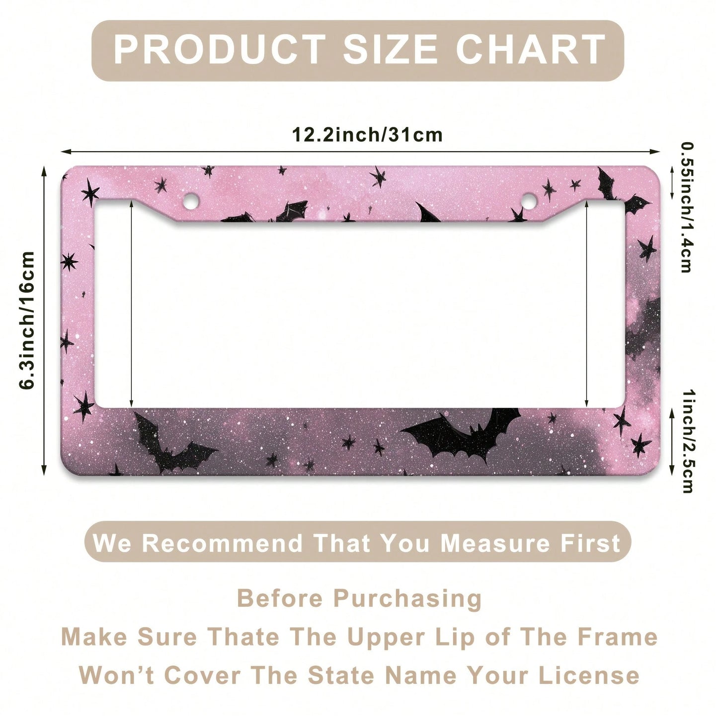 1 Piece, 12*6inch Black And Pink Star Bat, Aluminum License Plate Frame, Wear-Resistant And Waterproof, Universal For American Cars,Mother Gifts,Teacher Gift,Graduation Gifts,Car Decor,Car Acessesorie