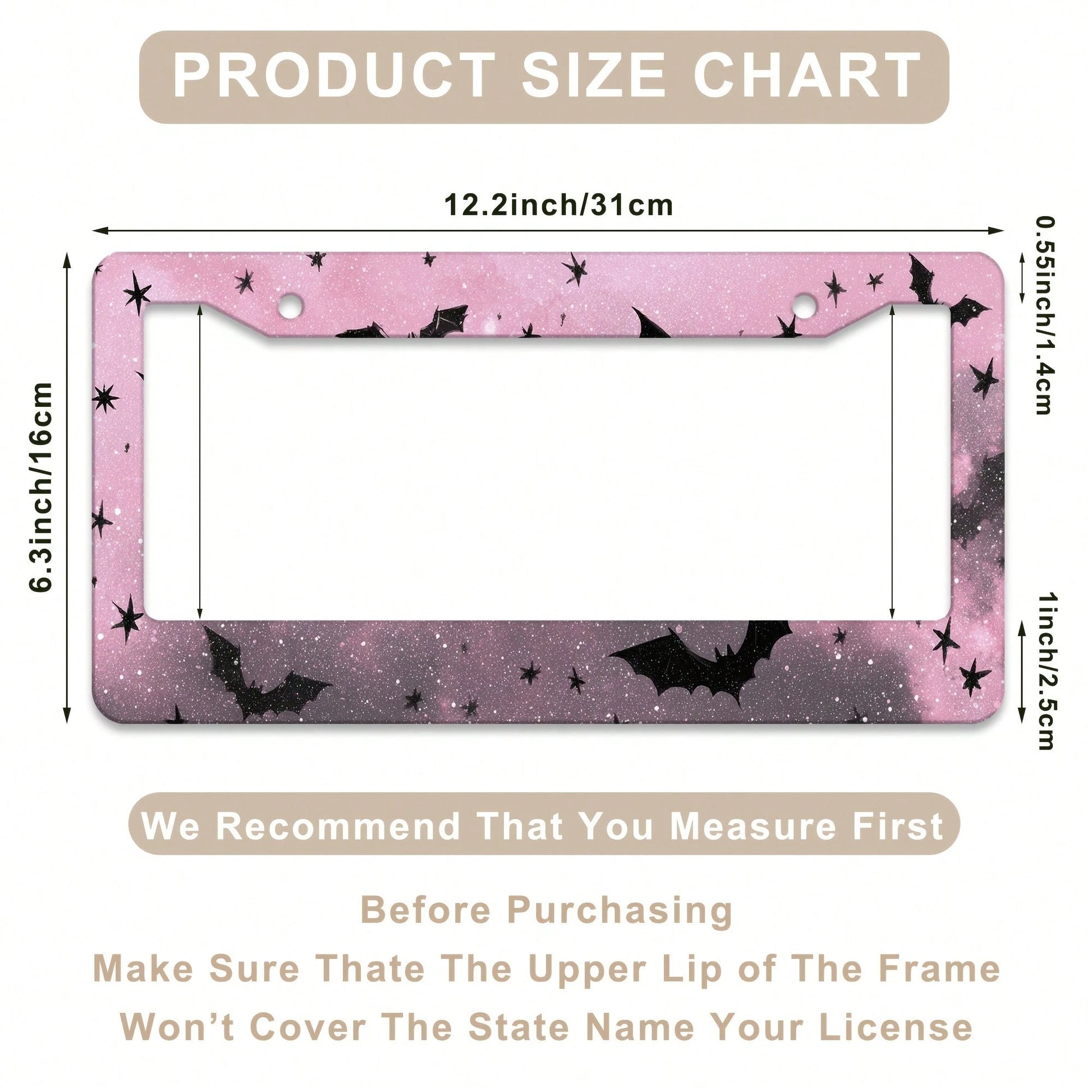 1 Piece, 12*6inch Black And Pink Star Bat, Aluminum License Plate Frame, Wear-Resistant And Waterproof, Universal For American Cars,Mother Gifts,Teacher Gift,Graduation Gifts,Car Decor,Car Acessesorie