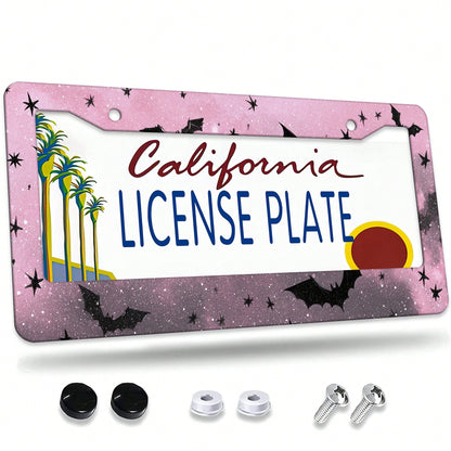 1 Piece, 12*6inch Black And Pink Star Bat, Aluminum License Plate Frame, Wear-Resistant And Waterproof, Universal For American Cars,Mother Gifts,Teacher Gift,Graduation Gifts,Car Decor,Car Acessesorie