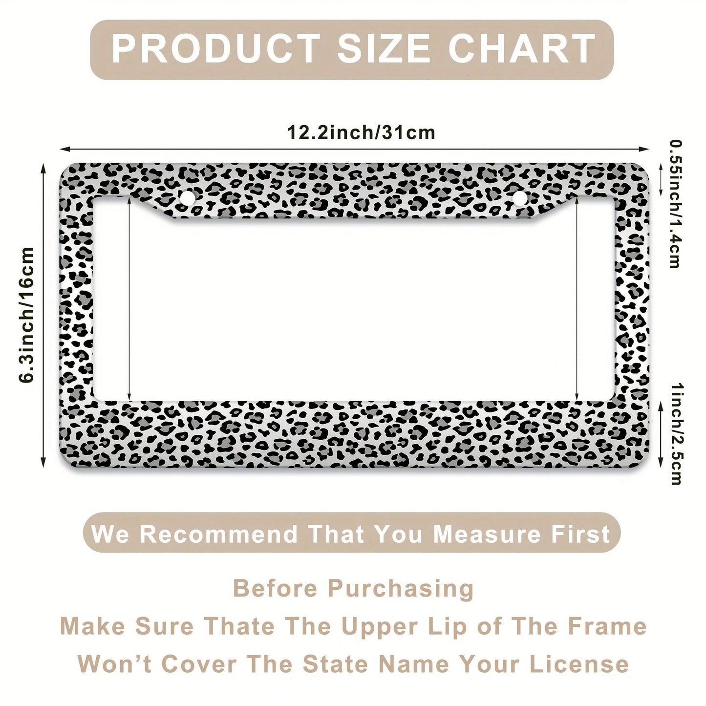 1 Piece, 12*6inch Gray-White Small Leopard Print, Aluminum License Plate Frame, Wear-Resistant And Waterproof, Universal For American Cars,Mother Gifts,Teacher Gift,Graduation Gifts,Car Decor,Car Aces