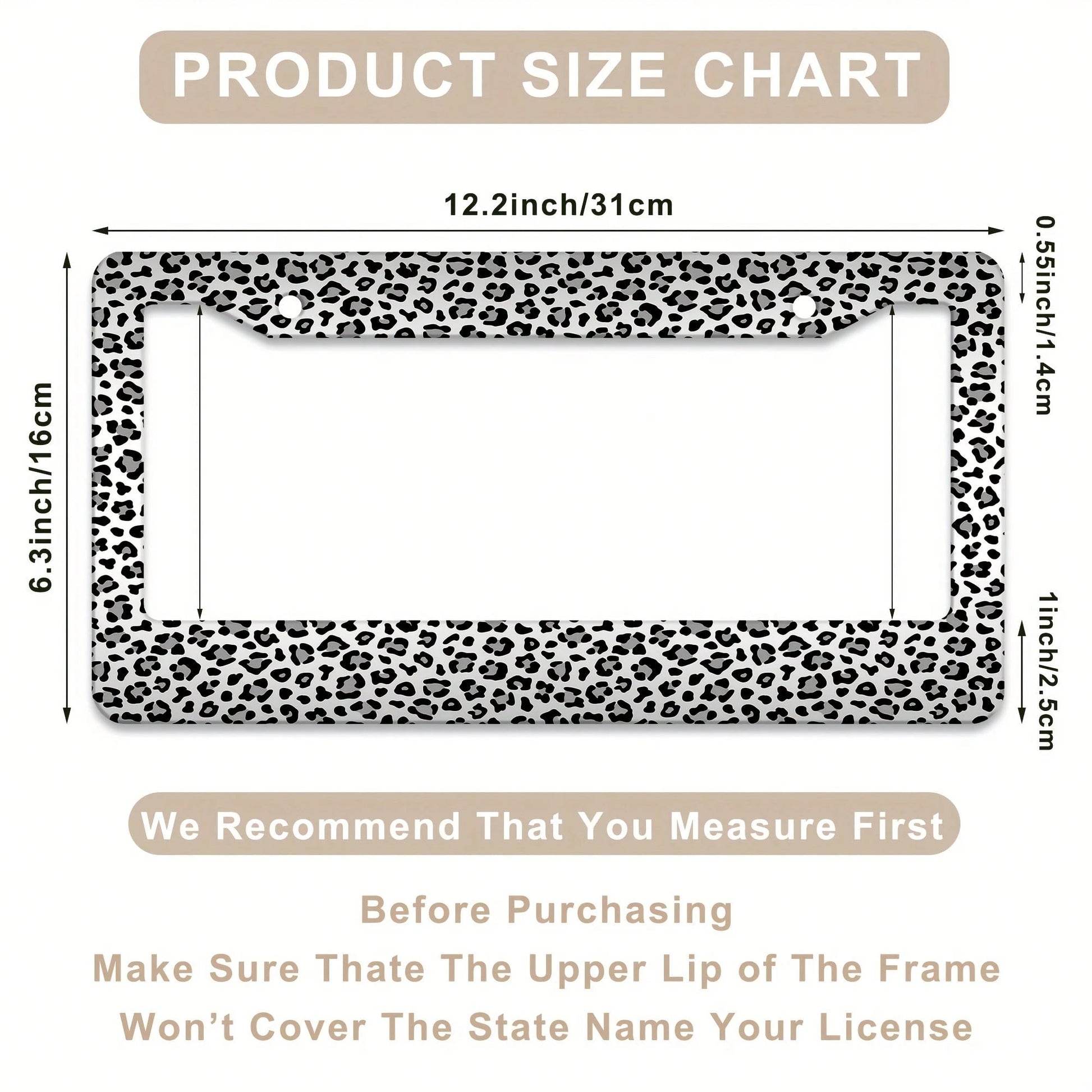 1 Piece, 12*6inch Gray-White Small Leopard Print, Aluminum License Plate Frame, Wear-Resistant And Waterproof, Universal For American Cars,Mother Gifts,Teacher Gift,Graduation Gifts,Car Decor,Car Aces