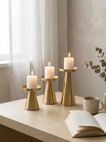 1 Set/1 Pc Glossy Metal Tapered Iron Candle Holder, Nordic Vintage Style Slim Waist Flat Plate Tea Light Base, Suitable For Home Decor, Decorative Style, Luxury Home Decor, Bedroom Decor, Wedding Anni