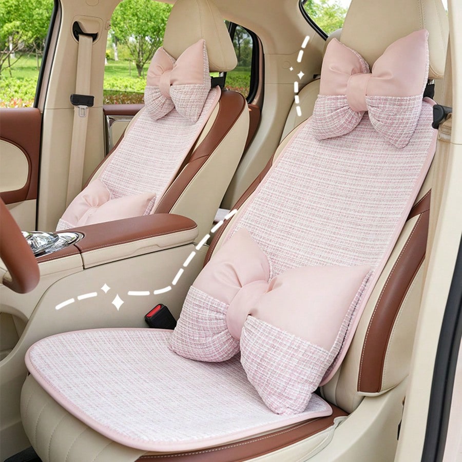 1 Set 4-Season Car Seat Cushion Cover, Soft Plush Cute Girl Style Pink Car Seat Cushion, Checkered Pattern Comfortable Car Seat Cushion
