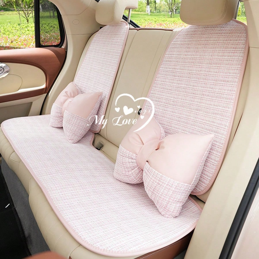 1 Set 4-Season Car Seat Cushion Cover, Soft Plush Cute Girl Style Pink Car Seat Cushion, Checkered Pattern Comfortable Car Seat Cushion