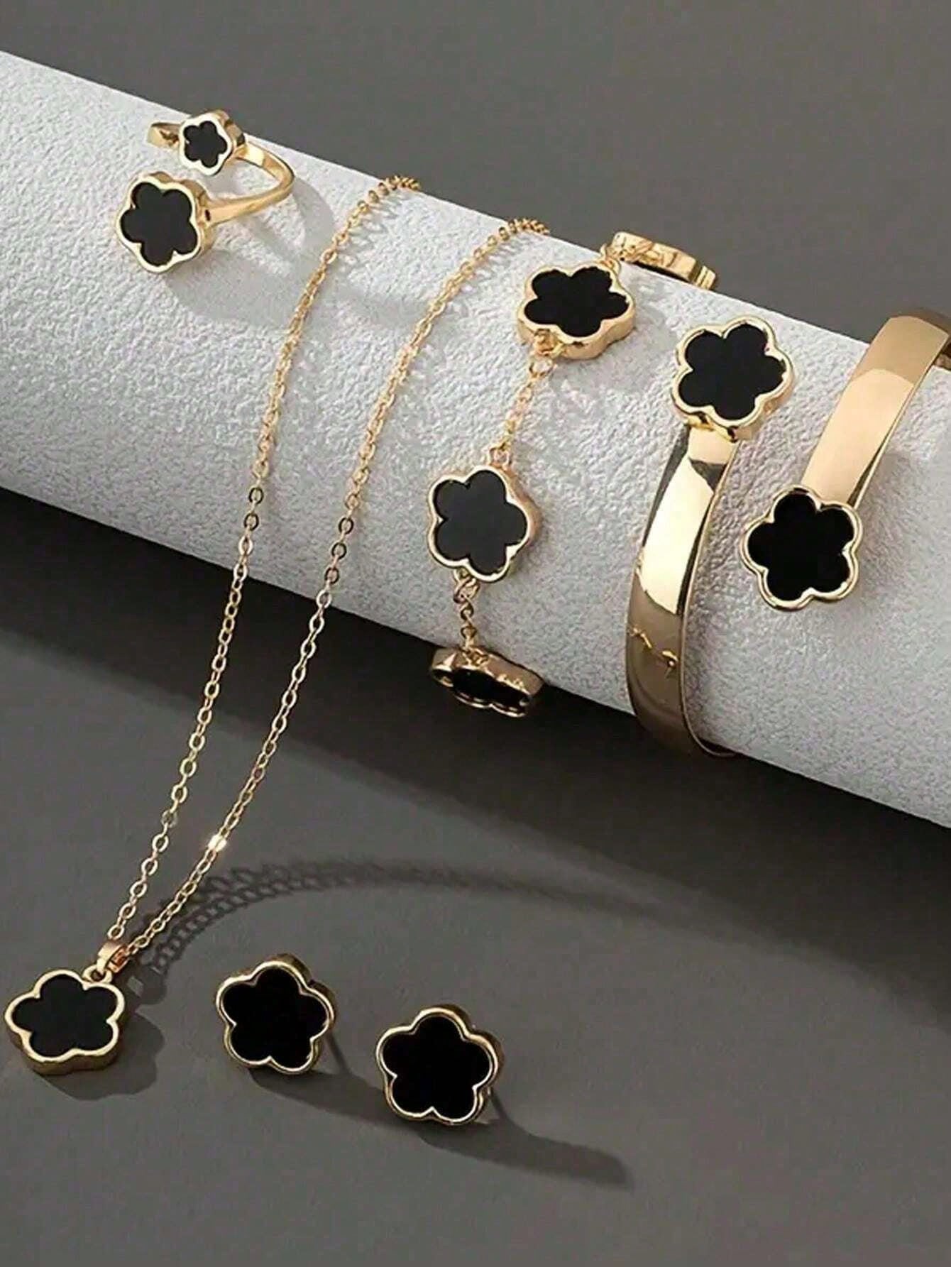 1 Set (5pcs) Lucky Flower Shaped Alloy Jewelry Set, Fashionable Gift For Women, Healing Crystal Bracelet, Suitable For Daily Wear, Ideal Gift For Girlfriend, Wife Or Partner
