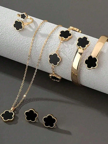 1 Set (5pcs) Lucky Flower Shaped Alloy Jewelry Set, Fashionable Gift For Women, Healing Crystal Bracelet, Suitable For Daily Wear, Ideal Gift For Girlfriend, Wife Or Partner