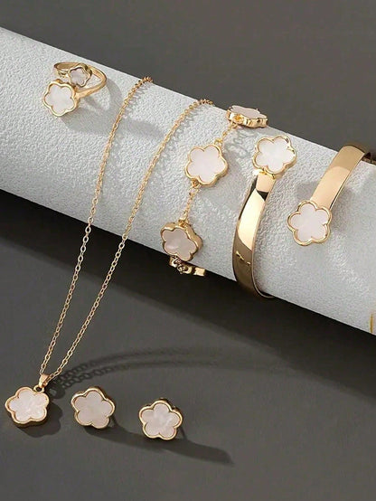 1 Set (5pcs) Lucky Flower Shaped Alloy Jewelry Set, Fashionable Gift For Women, Healing Crystal Bracelet, Suitable For Daily Wear, Ideal Gift For Girlfriend, Wife Or Partner