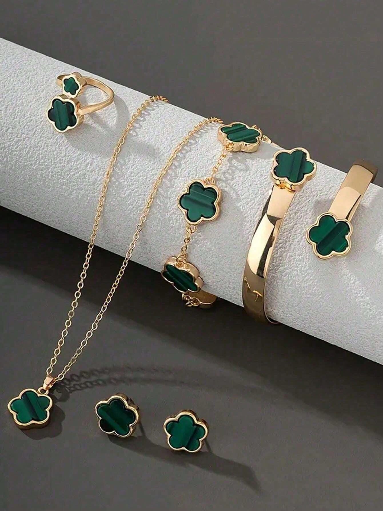 1 Set (5pcs) Lucky Flower Shaped Alloy Jewelry Set, Fashionable Gift For Women, Healing Crystal Bracelet, Suitable For Daily Wear, Ideal Gift For Girlfriend, Wife Or Partner