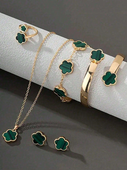 1 Set (5pcs) Lucky Flower Shaped Alloy Jewelry Set, Fashionable Gift For Women, Healing Crystal Bracelet, Suitable For Daily Wear, Ideal Gift For Girlfriend, Wife Or Partner