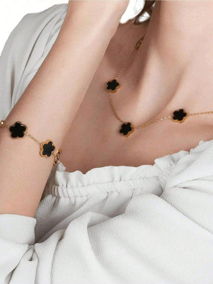 1 Set (5pcs) Lucky Flower Shaped Alloy Jewelry Set, Fashionable Gift For Women, Healing Crystal Bracelet, Suitable For Daily Wear, Ideal Gift For Girlfriend, Wife Or Partner