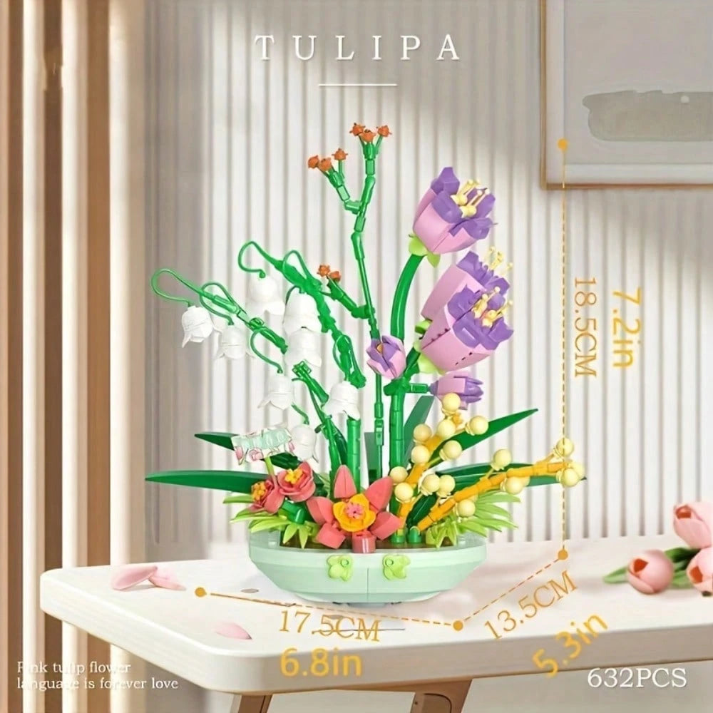 1 Set 632pcs Building Block Flower Bouquet, Eternal Flower Potted Plant Model Kit With Small Particles, DIY Assembly Desktop Display Home Office Decor Toy, Gift For Teens And Adults 14+