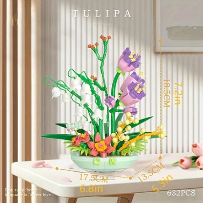 1 Set 632pcs Building Block Flower Bouquet, Eternal Flower Potted Plant Model Kit With Small Particles, DIY Assembly Desktop Display Home Office Decor Toy, Gift For Teens And Adults 14+