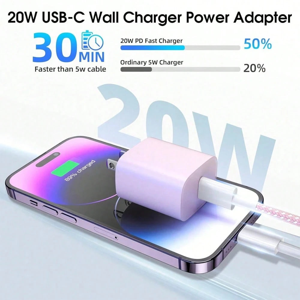 1 Set Colorful 20W PD Fast Charger Kit- 20W Wall Charger Adapter + 3.3ft/100cm Braided Fast Charging Data Cable, Compatible With IPhone 14 Pro Max/14 Pro/14 Plus/14/13/12/11/XS/XR/8/7/6, IPad Series