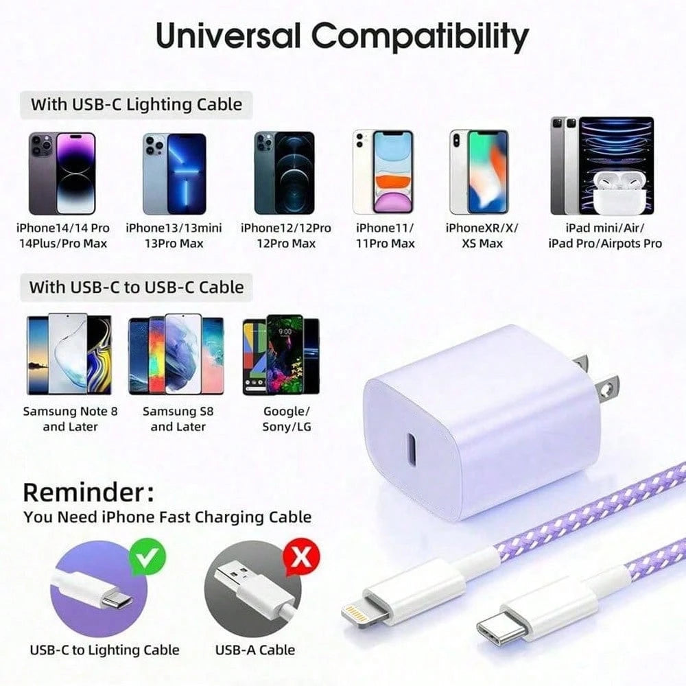 1 Set Colorful 20W PD Fast Charger Kit- 20W Wall Charger Adapter + 3.3ft/100cm Braided Fast Charging Data Cable, Compatible With IPhone 14 Pro Max/14 Pro/14 Plus/14/13/12/11/XS/XR/8/7/6, IPad Series