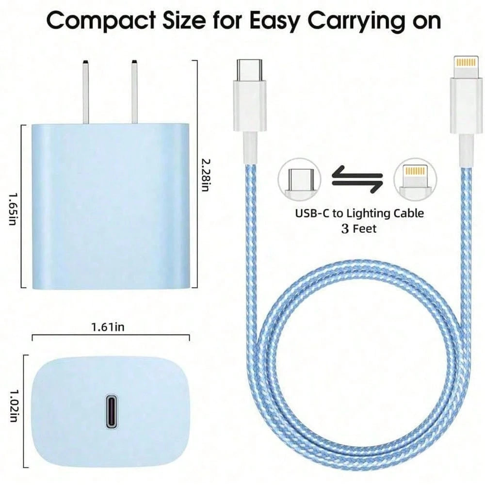 1 Set Colorful 20W PD Fast Charger Kit- 20W Wall Charger Adapter + 3.3ft/100cm Braided Fast Charging Data Cable, Compatible With IPhone 14 Pro Max/14 Pro/14 Plus/14/13/12/11/XS/XR/8/7/6, IPad Series