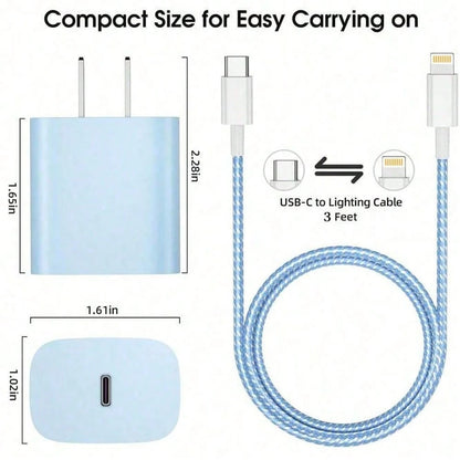 1 Set Colorful 20W PD Fast Charger Kit- 20W Wall Charger Adapter + 3.3ft/100cm Braided Fast Charging Data Cable, Compatible With IPhone 14 Pro Max/14 Pro/14 Plus/14/13/12/11/XS/XR/8/7/6, IPad Series