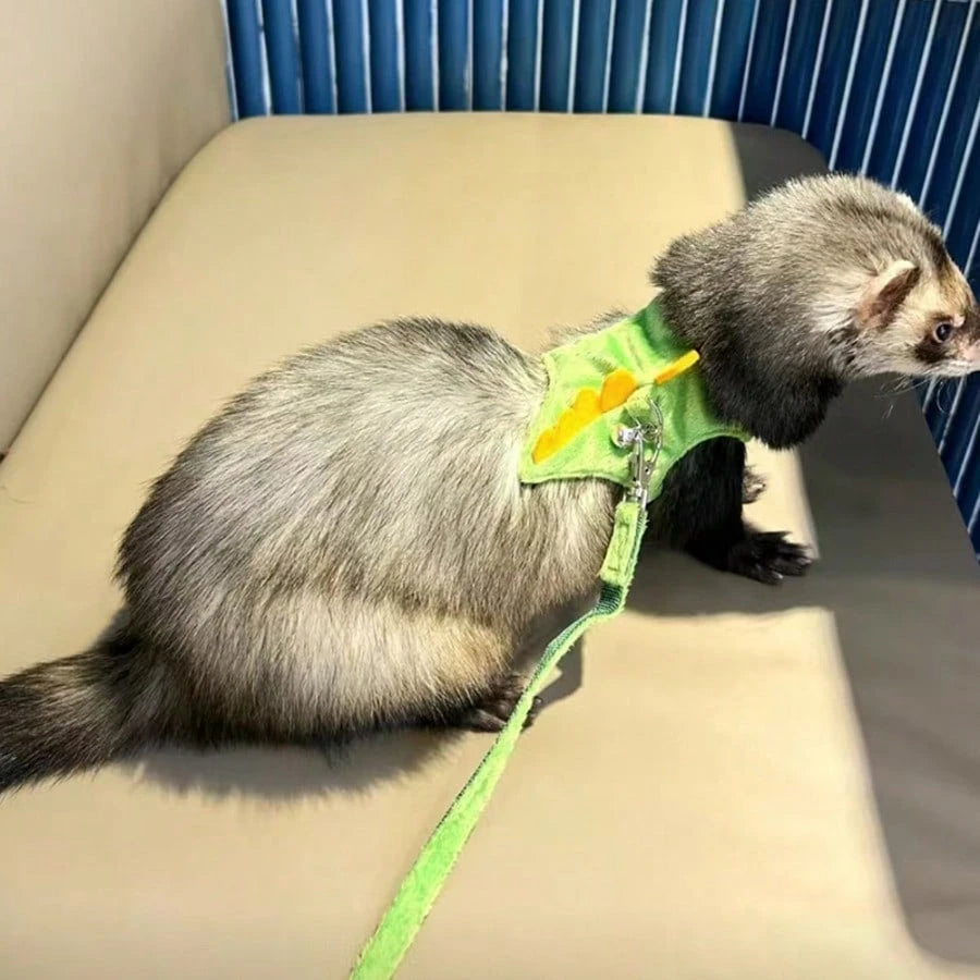 1 Set Ferret Leash Vest Adjustable Small Pet Rope Cute Dinosaur Design With Bell For Outdoor Walking