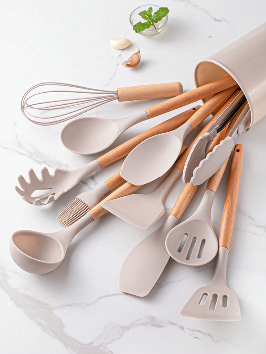 1 Set Kitchen Utensil Set, Silicone Cookware Set,12pcs Silicone Kitchen Utensil Set, Wooden Cooking Utensils, Kitchen Gadgets, Silicone Cutlery Set, Kitchen Tools With Storage Bucket