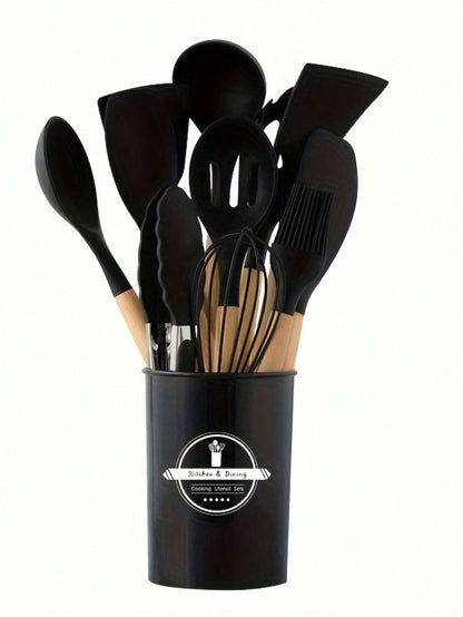 1 Set Kitchen Utensil Set, Silicone Cookware Set,12pcs Silicone Kitchen Utensil Set, Wooden Cooking Utensils, Kitchen Gadgets, Silicone Cutlery Set, Kitchen Tools With Storage Bucket