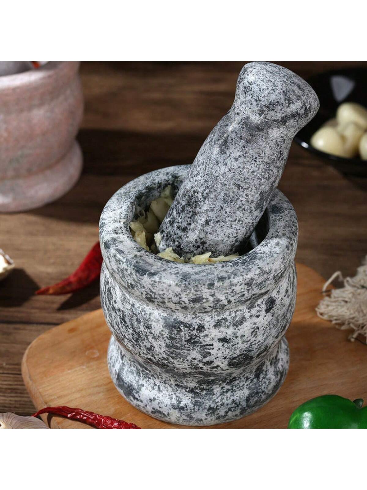 1 Set Natural Marble Mortar And Pestle, Vintage Drum Shaped Manual Garlic Masher, Natural Stone Mortar Mixing Bowl, Can Be Used For Grinding Grains, Spices, Medicine,Vegetable Fruit Tools,Kitchen Item