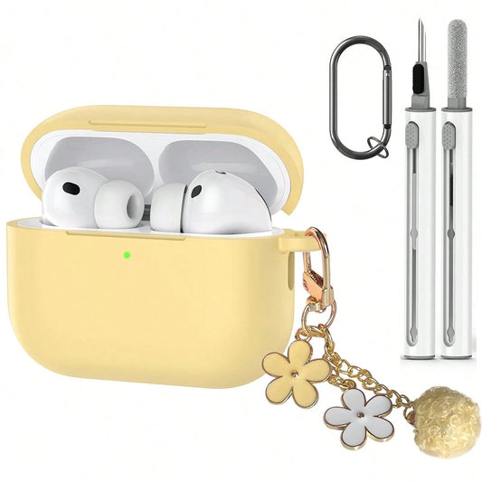 1 Set Silicone Protective Case Compatible With Apple, Solid Color Integrated Earphone Cover With Flower Hanging Chain, Carabiner And Cleaning Brush, Suitable As Gift