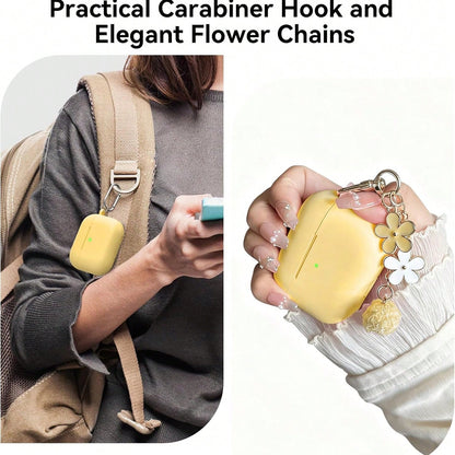 1 Set Silicone Protective Case Compatible With Apple, Solid Color Integrated Earphone Cover With Flower Hanging Chain, Carabiner And Cleaning Brush, Suitable As Gift