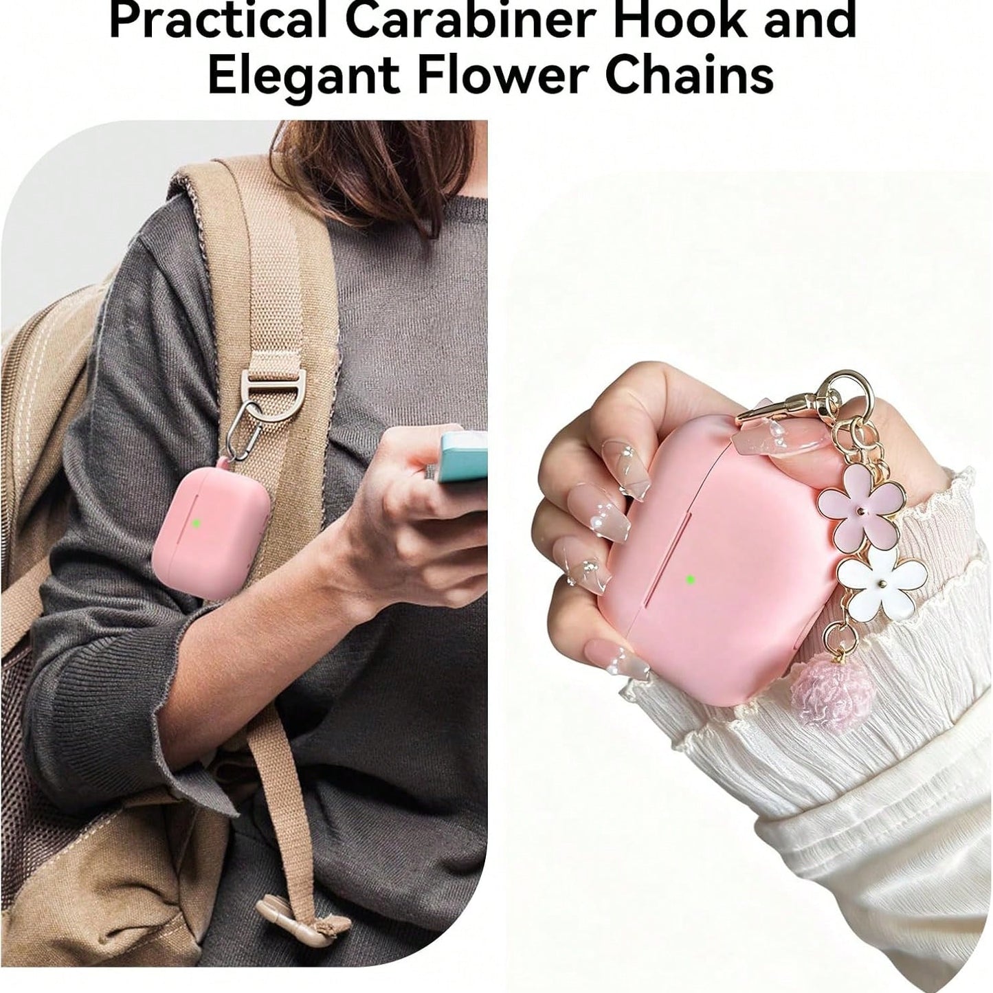 1 Set Silicone Protective Case Compatible With Apple, Solid Color Integrated Earphone Cover With Flower Hanging Chain, Carabiner And Cleaning Brush, Suitable As Gift
