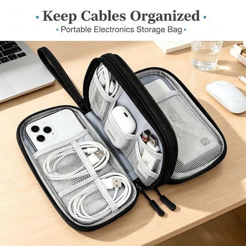 1 Storage Bags, Travel Organizer Pouches, Portable Electronic Accessory Bags, Waterproof Double-Layer Storage Bags, Suitable For Cables, Wires, Chargers, Phones, Headphones, Medium Size, Black