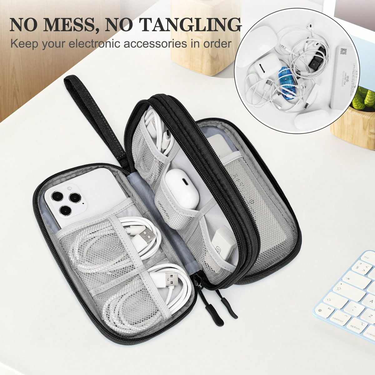 1 Storage Bags, Travel Organizer Pouches, Portable Electronic Accessory Bags, Waterproof Double-Layer Storage Bags, Suitable For Cables, Wires, Chargers, Phones, Headphones, Medium Size, Black