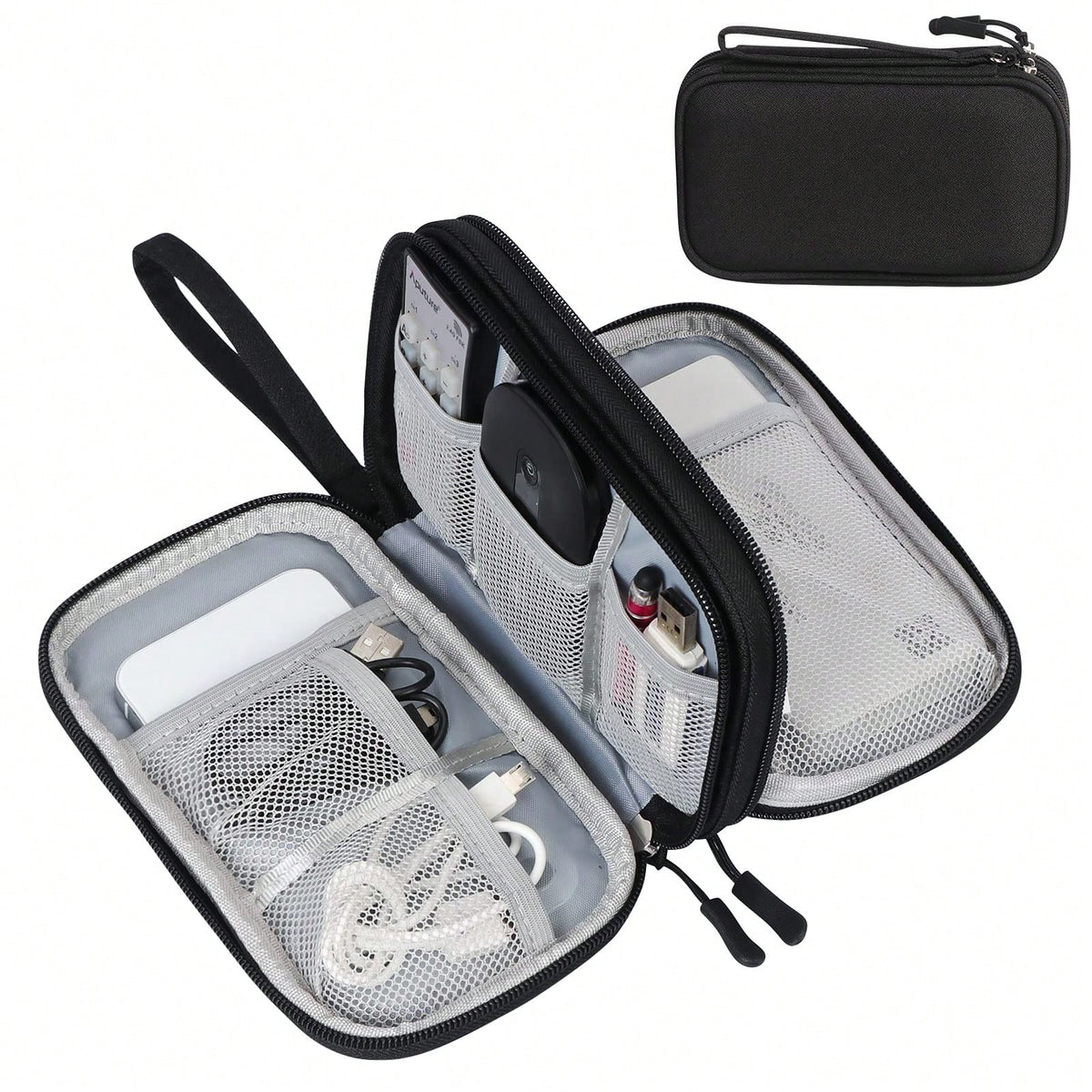 1 Storage Bags, Travel Organizer Pouches, Portable Electronic Accessory Bags, Waterproof Double-Layer Storage Bags, Suitable For Cables, Wires, Chargers, Phones, Headphones, Medium Size, Black