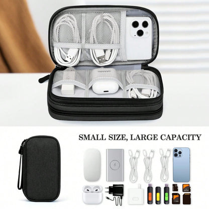 1 Storage Bags, Travel Organizer Pouches, Portable Electronic Accessory Bags, Waterproof Double-Layer Storage Bags, Suitable For Cables, Wires, Chargers, Phones, Headphones, Medium Size, Black