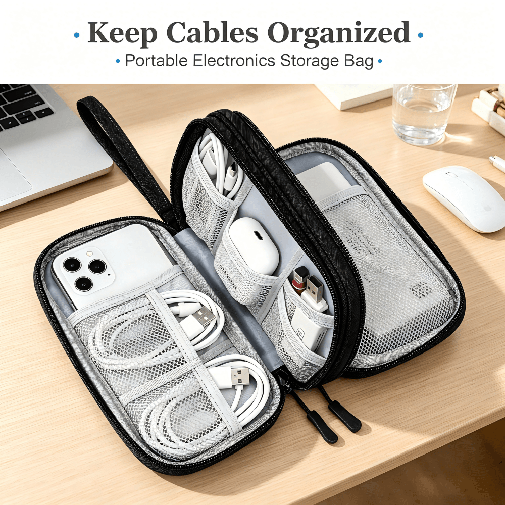 1 Storage Bags, Travel Organizer Pouches, Portable Electronic Accessory Bags, Waterproof Double-Layer Storage Bags, Suitable For Cables, Wires, Chargers, Phones, Headphones, Medium Size, Black