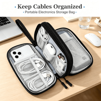 1 Storage Bags, Travel Organizer Pouches, Portable Electronic Accessory Bags, Waterproof Double-Layer Storage Bags, Suitable For Cables, Wires, Chargers, Phones, Headphones, Medium Size, Black