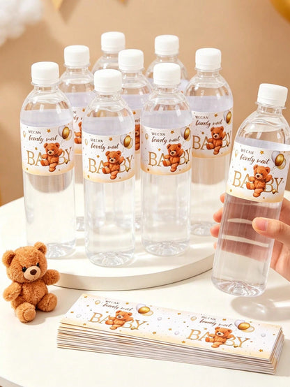 10/24pcs Baby Bottle Stickers, Cute Brown Bear Pattern Bottle Packaging Gift Stickers, Baby Shower Party Decorative Stickers, Gender Reveal Party Bottle Packaging Gift Stickers, Newborn Theme Party Fa
