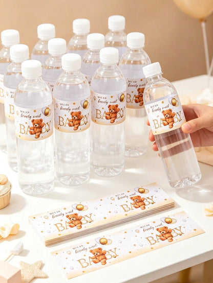 10/24pcs Baby Bottle Stickers, Cute Brown Bear Pattern Bottle Packaging Gift Stickers, Baby Shower Party Decorative Stickers, Gender Reveal Party Bottle Packaging Gift Stickers, Newborn Theme Party Fa