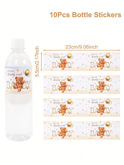 10/24pcs Baby Bottle Stickers, Cute Brown Bear Pattern Bottle Packaging Gift Stickers, Baby Shower Party Decorative Stickers, Gender Reveal Party Bottle Packaging Gift Stickers, Newborn Theme Party Fa