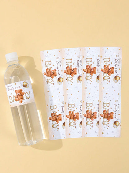 10/24pcs Baby Bottle Stickers, Cute Brown Bear Pattern Bottle Packaging Gift Stickers, Baby Shower Party Decorative Stickers, Gender Reveal Party Bottle Packaging Gift Stickers, Newborn Theme Party Fa